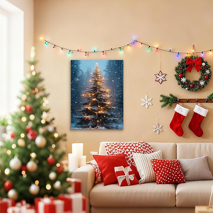 Framed Christmas Pictures Wall Decor,Vintage Pine Tree Prints,Winter Christmas Canvas Wall Art Decoration for Bedroom Bathroom Living Room Rustic Xmas Holiday Gifts (Christmas Tree 3, 16'' X 20'')