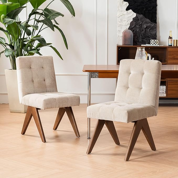 Rowill Modern Upholstered Dining Chairs Parsons Chair Linen Fabric Kitchen Chairs Tufted Armless Dining Room Chairs with Wood Legs Set of 2, Khaki