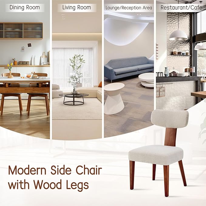 Dining Chairs Set of 6, Mid-Century Modern Upholstered Kitchen Chairs with Curved Backrest and Linen Fabric Seat, Wood Leg Accent Chairs for Dining Room, Living Room, Bedroom, Linen Beige