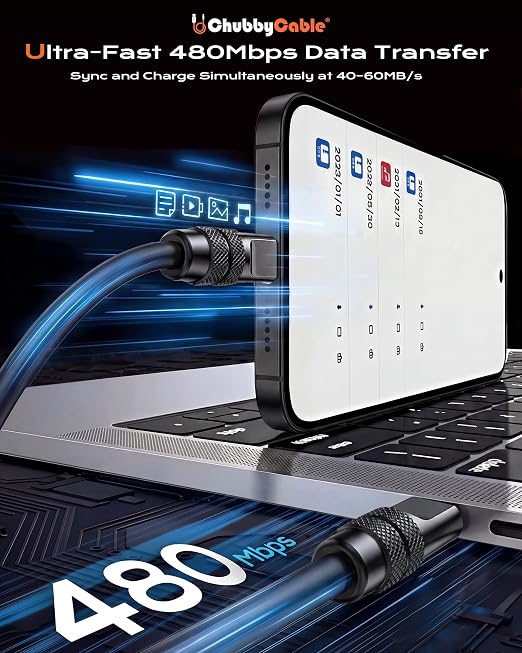 chubbycable 240W Silicone USB C to C Charging Cable Black Plus 0.82FT | 6mm Extra Thick 45000+ Bend Tested 480Mbps Data Transfer E-Marker Safety Chip Tangle-Free Design
