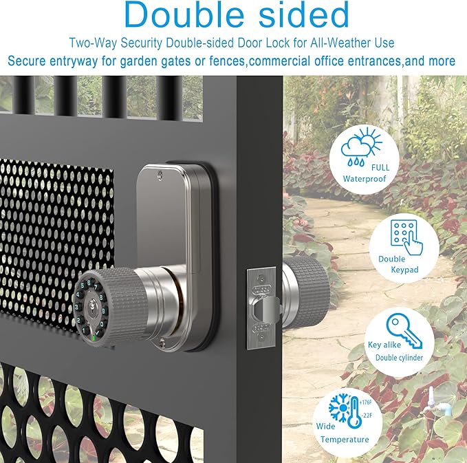 Double Sided Keypad Door Knob with Dual Cylinders and Key Alike, iuknob Keyless Entry Smart Door Lock for Entrance, Fence, Gate, Swimming Pool,Waterproof and Weatherproof for Outdoor & Interior Door.