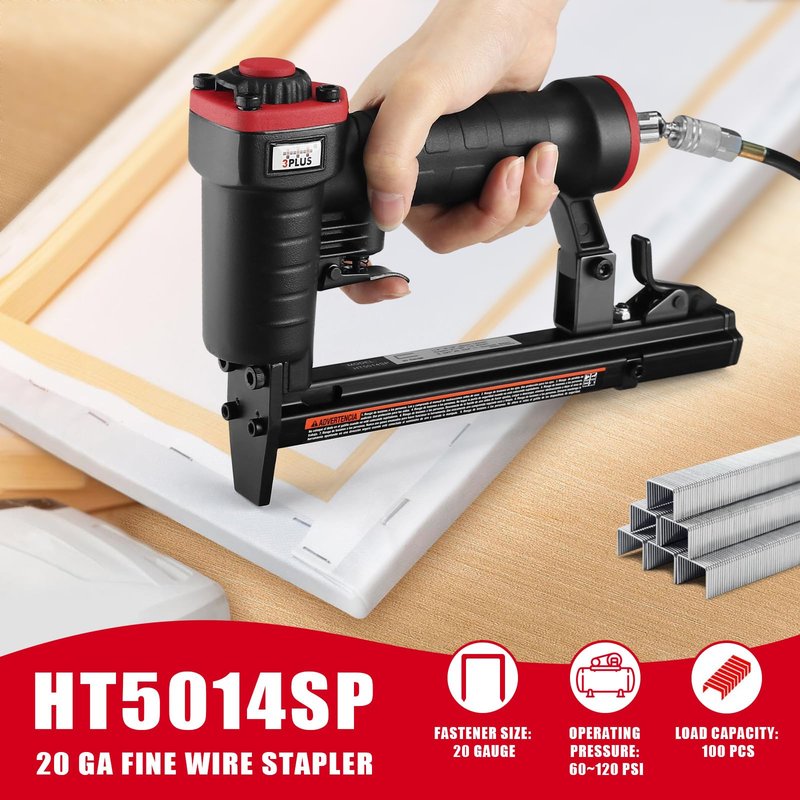 3PLUS HT5014SP Pneumatic 20 Gauge Stapler, T50 Upholstery Stapler, 1/4-Inch to 9/16-Inch