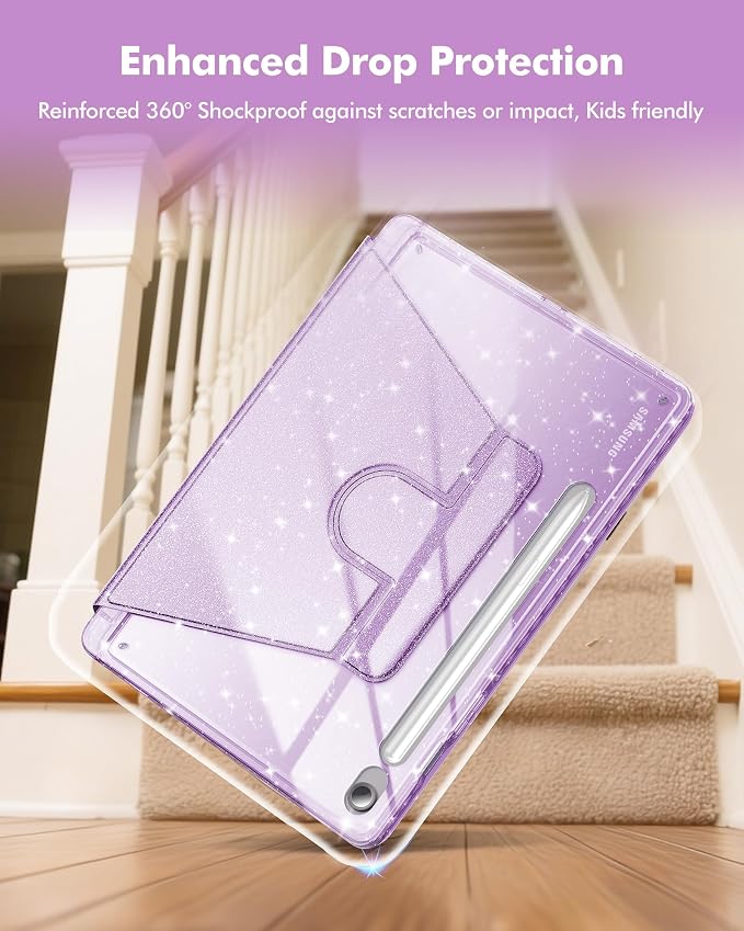 INFILAND Rotating Case for Samsung Galaxy Tab S10 FE/ S9 FE 5G 10.9 Inch/Tab S9 11 Inch 360 Cute Glitter Cover with Clear Back S Pen Holder for Girls Kids Woman (Black)