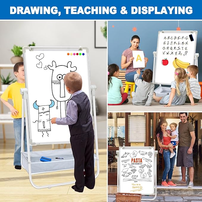 Dry Erase White Board with Stand Double Sided 36"X24" Magnetic U Standing Easel Whiteboard, Height Adjustable & 360° Rotation Portable White Boards for Classroom, Home & Office
