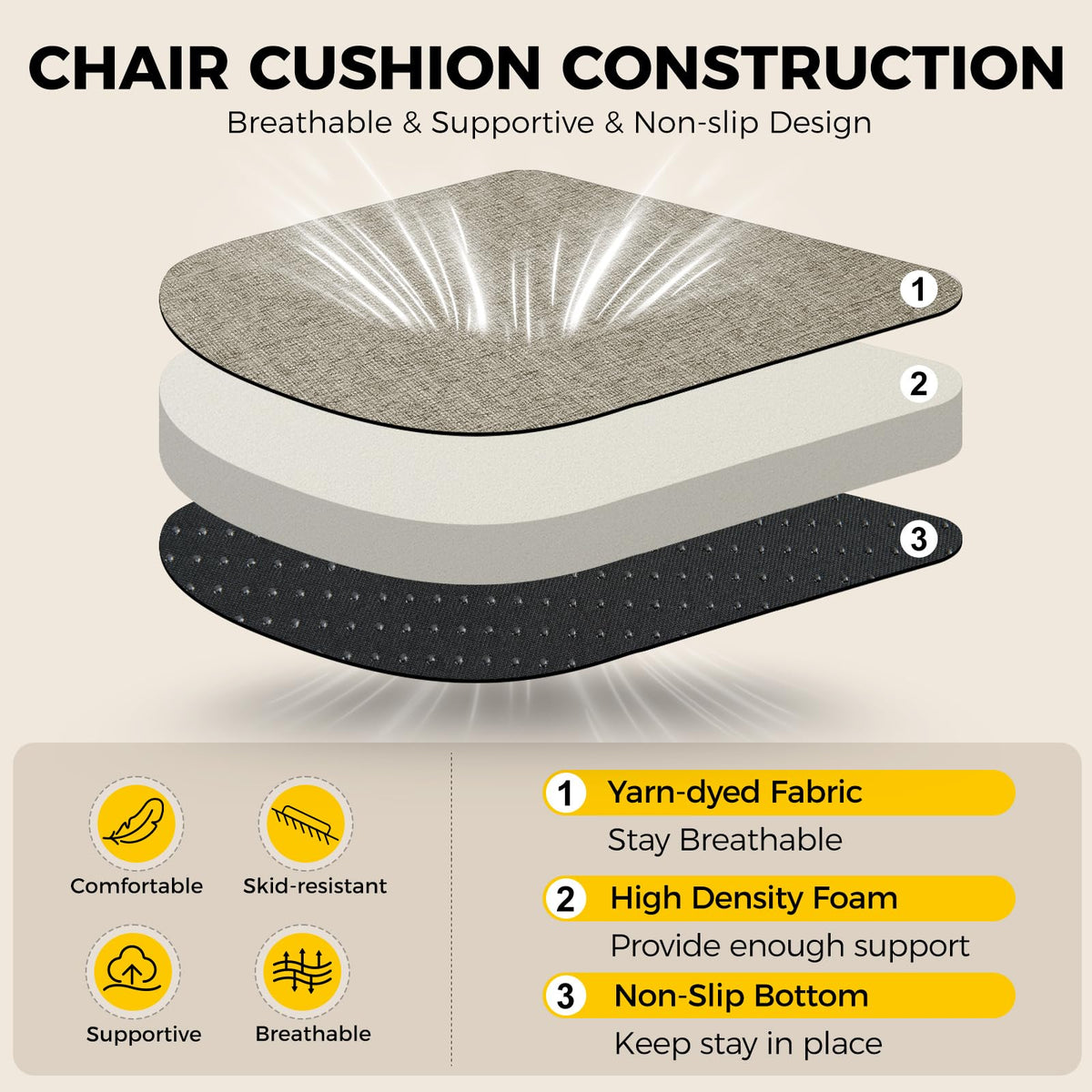 downluxe Indoor Chair Cushions for Dining Chairs, Soft and Comfortable Textured Foam Kitchen Chair Pads with Ties and Non-Slip Backing, 16" x 16" x 2", Khaki, 4 Pack