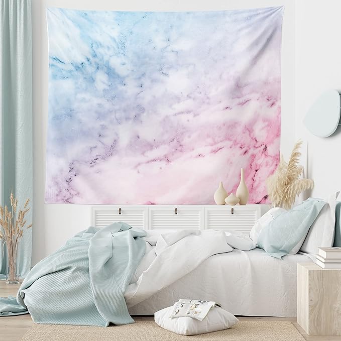 Ambesonne Marble Print Tapestry King Size, Pastel Toned Cloudy Crack Lines Stained Antique Shabby Design, Wall Hanging Bedspread Bed Cover Wall Decor, 104" X 88", Pink