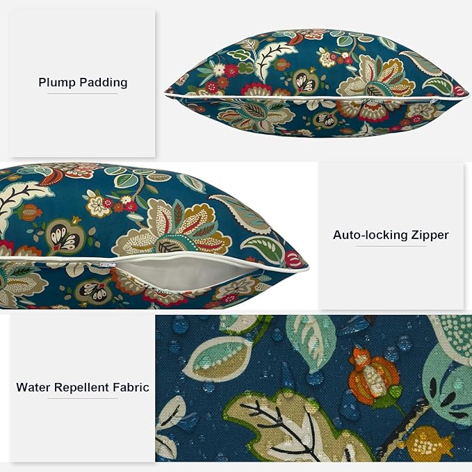 Outdoor Throw Pillow Covers Pack of 2, Decorative Water Repellent Square Pillow Cases 18x18 Inch, Patio Pillowcases for Home Patio Furniture Use, Peacock Blue