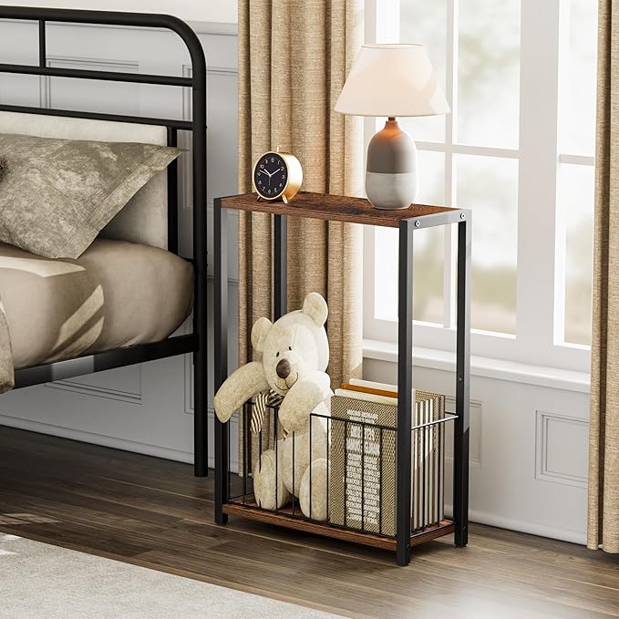 Narrow Side Tables Set of 2 with Magazine Holder, Skinny End Tables Perfect for Small Spaces, Space-Saving Design for Living Room, Bedroom, or Office, 7.1" D x 16.9" W x 23.6" H, Rustic Brown
