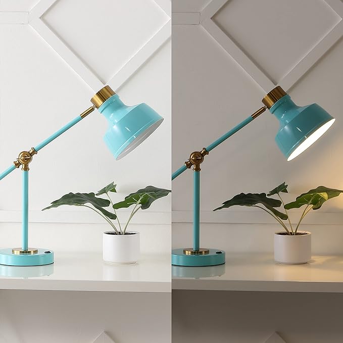 JONATHAN Y 18.5" Cyan/Brass Gold Adjustable Cantilever LED Task Lamp with USB Charging Port, Vintage Farmhouse Desk Lamp for Home Office Reading, Metal Shade (JYL7124C)