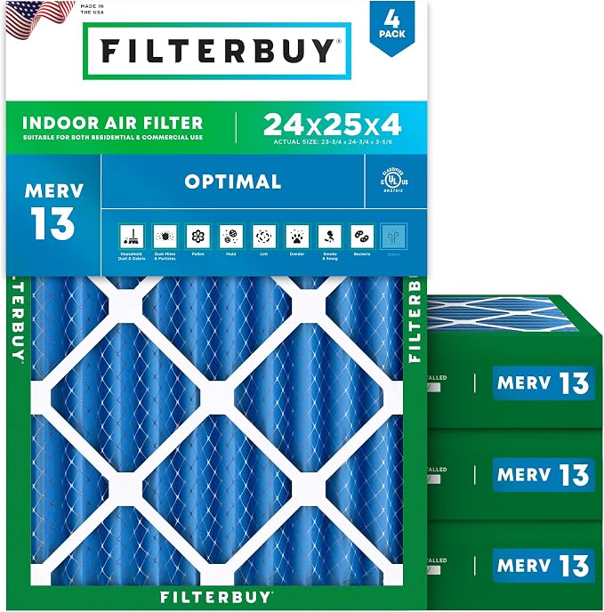 Filterbuy 24x25x4 Air Filter MERV 13 Optimal Smoke & Allergy Defense,