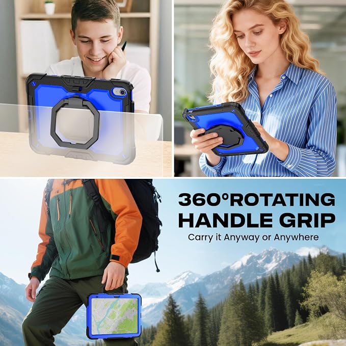 SEYMAC stock Handle Case for iPad (A16) 11th / 10th Gen 11'' /10.9'' Black | Full-Body Drop Protection Shockproof Case Pencil Holder Screen Protector 360 Ring Handle Stand 2025/2022 Released
