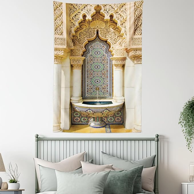 Ambesonne Moroccan Tapestry, Vintage Building Design Art Historic Exterior Facade with Mosaic Print, Fabric Wall Hanging Decor for Bedroom Living Room Dorm, 23" X 28", Ivory Pale Brown Blue