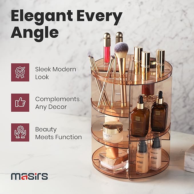 360 Rotating Makeup Organizer - Adjustable Shelf Height and Fully Rotatable - The Perfect Round Spinning Cosmetic Organizer for Bedroom Dresser or Vanity Countertop Storage (Brown)
