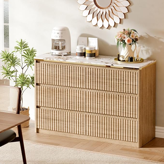 Fluted Dresser for Bedroom with 6 Drawers, 47.2" Modern Chest of Drawers with Faux Marble Top, Curved Profile Design,Dresser TV Stand, Wood Drawer Organizer for Living Room, Hallway, Oak1
