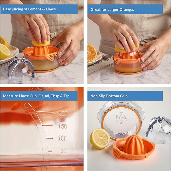 PortoFino Citrus Juicer, Lemon Squeezer, Orange Juicer, Manual Hand Juicer with Built-in Measuring Cup and Strainer, Space Saving Design, Pulp Control, Dishwasher Safe, 8oz