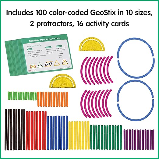 edxeducation GeoStix Deluxe Set | Teach Geometry | 100 Construction Sticks, 2 Protractors, Activity Cards | Manipulative for Math, Art and Fine Motor Skills