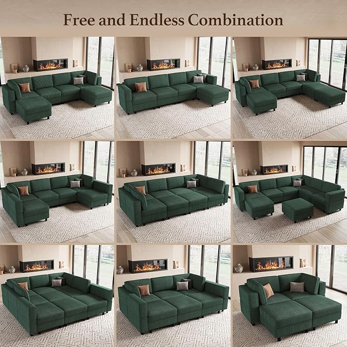 88.6" 9 Seat Modular Sectional Sofa with Deep Storage Seat,Corduroy Comfy Sectional Couch Convertible Modular Sleeper Sofa Couch with Movable Ottoman,Upholstered Couches for Living Room,Green