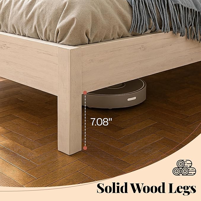 Jocisland Queen Size Bed Frame with Tall Upholstered Curved Headboard, Solid Wood Platform Bed, No Box Spring Needed, Wood Slat Support, Easy Assembly, White