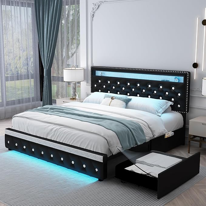 King Led Bed Frame with 2 Drawers, Heavy Duty King Size Platform Bed with Storage, Upholstered Bed Frames with Adjustable Headboard, Solid Support, No Box Spring Needed, Easy Assembly, PU Black