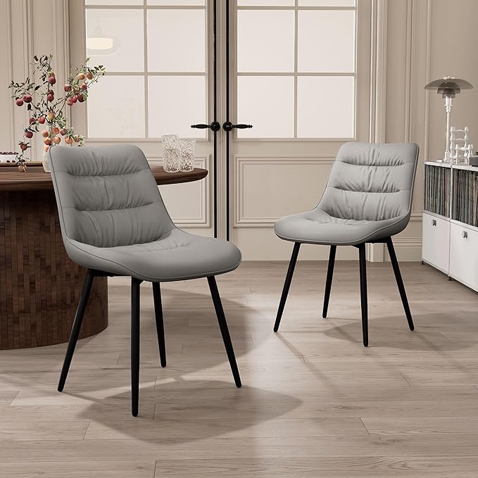 Kidol & Shellder Dining Chairs Set of 2, Modern Upholstered Faux Leather Kitchen Side Chairs with Comfortable Back - Mid-Century Armless Chair for Dining Living Room Bedrooms, with Metal Legs (Gray)