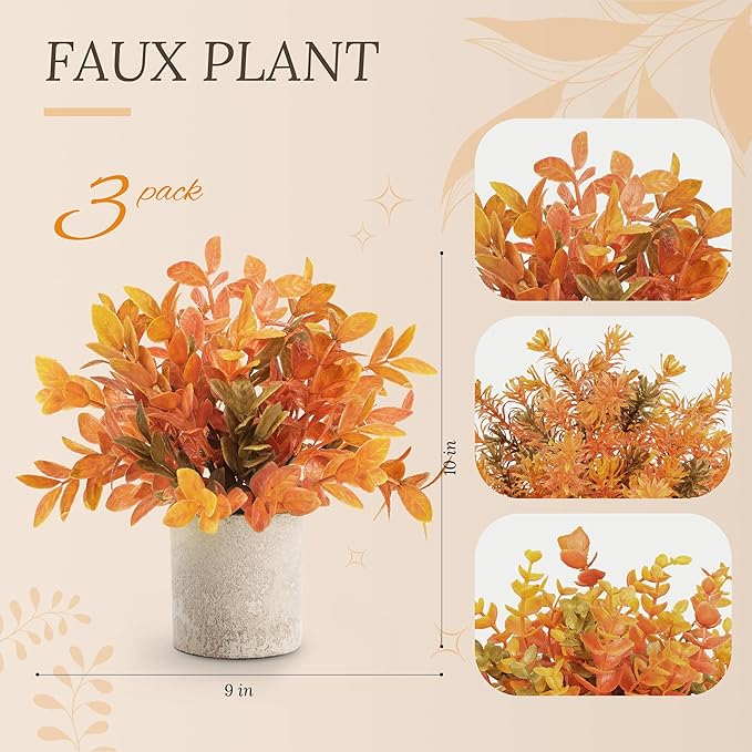 Der Rose 3 Pack Fall Mini Potted Fake Plants Artificial Plastic Eucalyptus Plants Topiaries Fall Decorations for Home Office Desk Farmhouse Room Bathroom Fall Decor