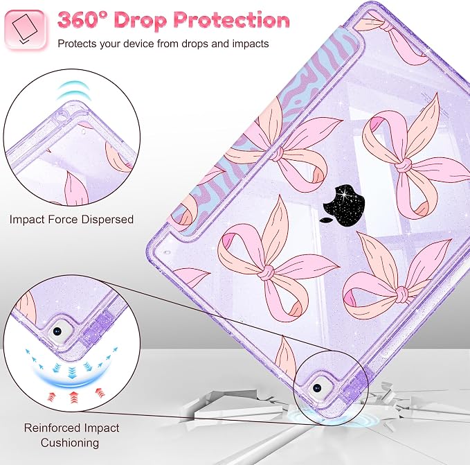 Case for iPad 9th/ 8th/ 7th Generation 10.2-Inch Case(2021/2020/2019 Release) Glitter Tablet Cases with Transparent Acrylic Back+Trifold Stand+Pencil Holder+Auto Wake/Sleep Bows-Stripe