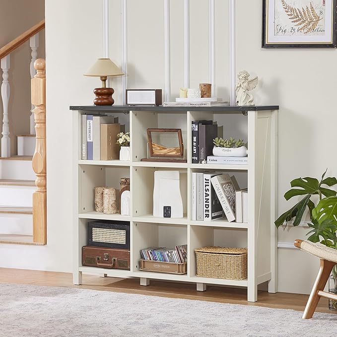 9 Cube Bookcase, Farmhouse 47 Inch Wide White Bookshelf, Wooden 3 Tier Display Large Open Book Shelf, Vintage Horizontal Book Case for Home Office, Cubby Storage Cabinet for Living Room
