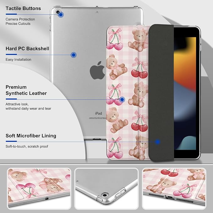 Compatible with iPad 10.2 Inch Case 2021 2020 2019 Smart Lightweight Trifold Stand Hard Plastic Transparent Cover Support Auto Sleep/Wake for iPad 10.2 9th/8th/7th Gen - Bear &amp Cherry
