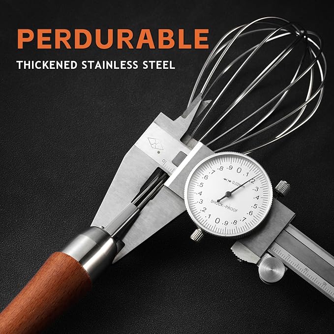 Stainless Steel Whisk Wiht Non-Slip Wooden Handle, Balloon Whisk Egg Beater For Stirring Whisking Blending Mixing Egg Gravy Cake Batter Flour Or Sauces (10.8"L x 2.4"W)