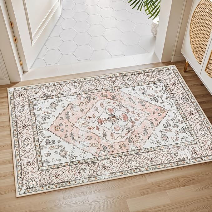 Lahome Boho Entryway Rugs Indoor - 2x3 Washable Area Rug Throw Small Rugs for Bedroom Girls Non-Slip Lightweight Bathroom, Vintage Print Floor Doormat Carpet for Kitchen Laundry Room (Pink, 2'x3')