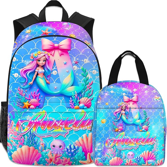 Custom Kids Backpack with Lunch Box Personalized Name Bookbag for Girls Back to School Mermaid Backpacks for Elementary Middle School Boys