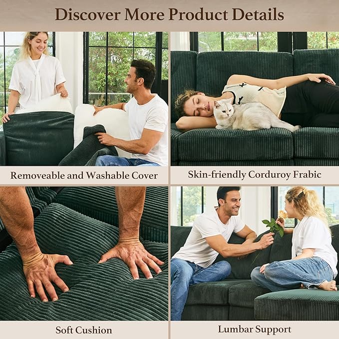 88.6" 9 Seat Modular Sectional Sofa with Deep Storage Seat,Corduroy Comfy Sectional Couch Convertible Modular Sleeper Sofa Couch with Movable Ottoman,Upholstered Couches for Living Room,Green