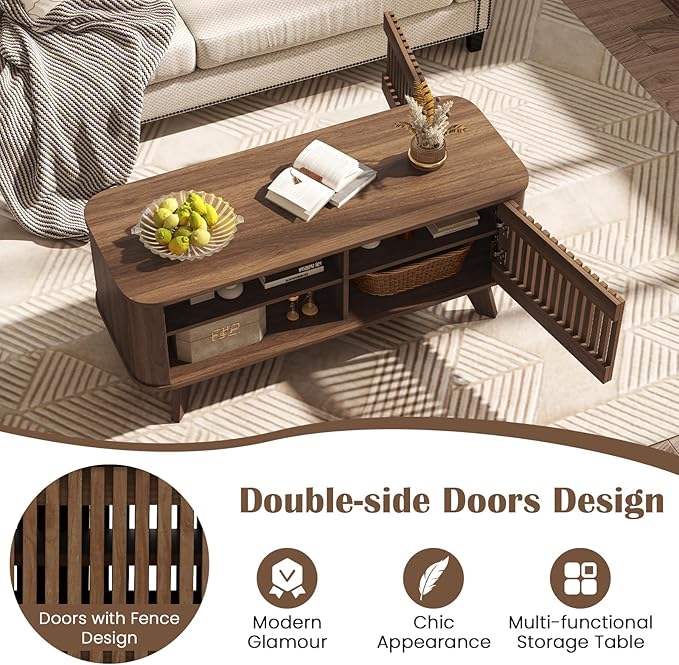 Giantex Coffee Table with Storage, Mid Century Modern Tea Table with Adjustable Shelves & 2 Doors, Wood Coffee Tables w/Fluted Design, Rectangular Farmhouse Center Table for Living Room, Bedroom