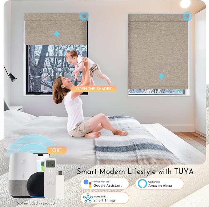 Persilux Smart Motorized Blinds with Remote, No Drill Automatic Roller Shades for Indoor Windows, Blackout Linen Fabric, Electric Blinds for Windows, Linen Light Brown C156BO-3, Custom Size