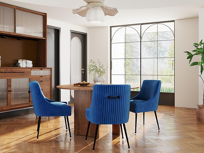 Velvet Dining Chairs Set of 8,Blue Upholstered Living Room Chairs with Black Metal Legs, Modern Tufted Accent Chairs for Living Room, Study Room, Kitchen