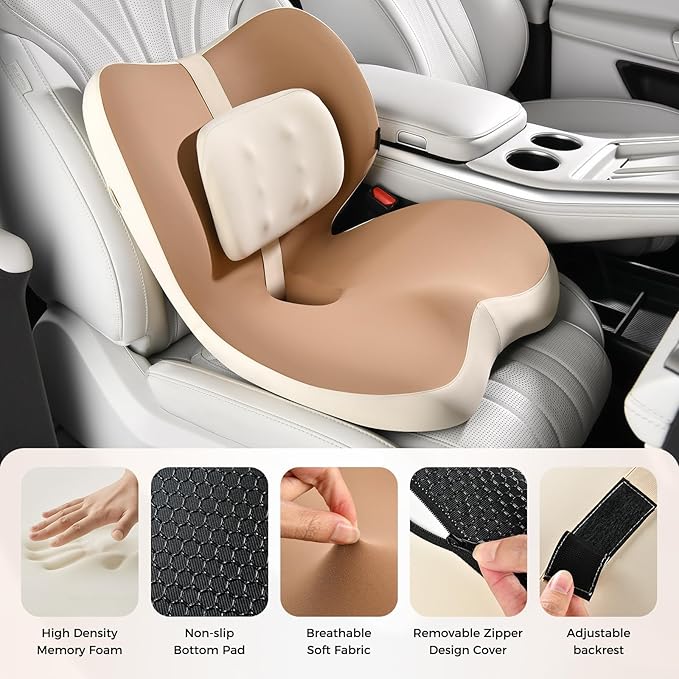 FLORICH 2 in1 Truck Seat Cushion and Lumbar Support Pillow Memory Foam Car Seat Cushion with Adjustable Strap for Truck Driver Long Drives, Fits Semi Truck Seat,Car,Office&Gaming Chair(Brown)