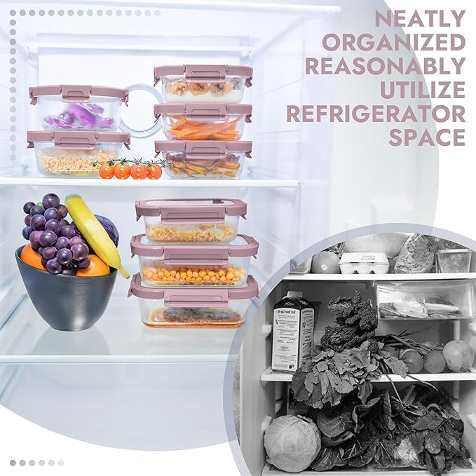 10-Pack Glass Food Storage Containers with Tempered Lids – Borosilicate, Airtight, Oven-Safe (-4°F~950°F), BPA-Free, 4.4 & 1.6 Cup, Leak-Proof, Dishwasher Safe (Pink)