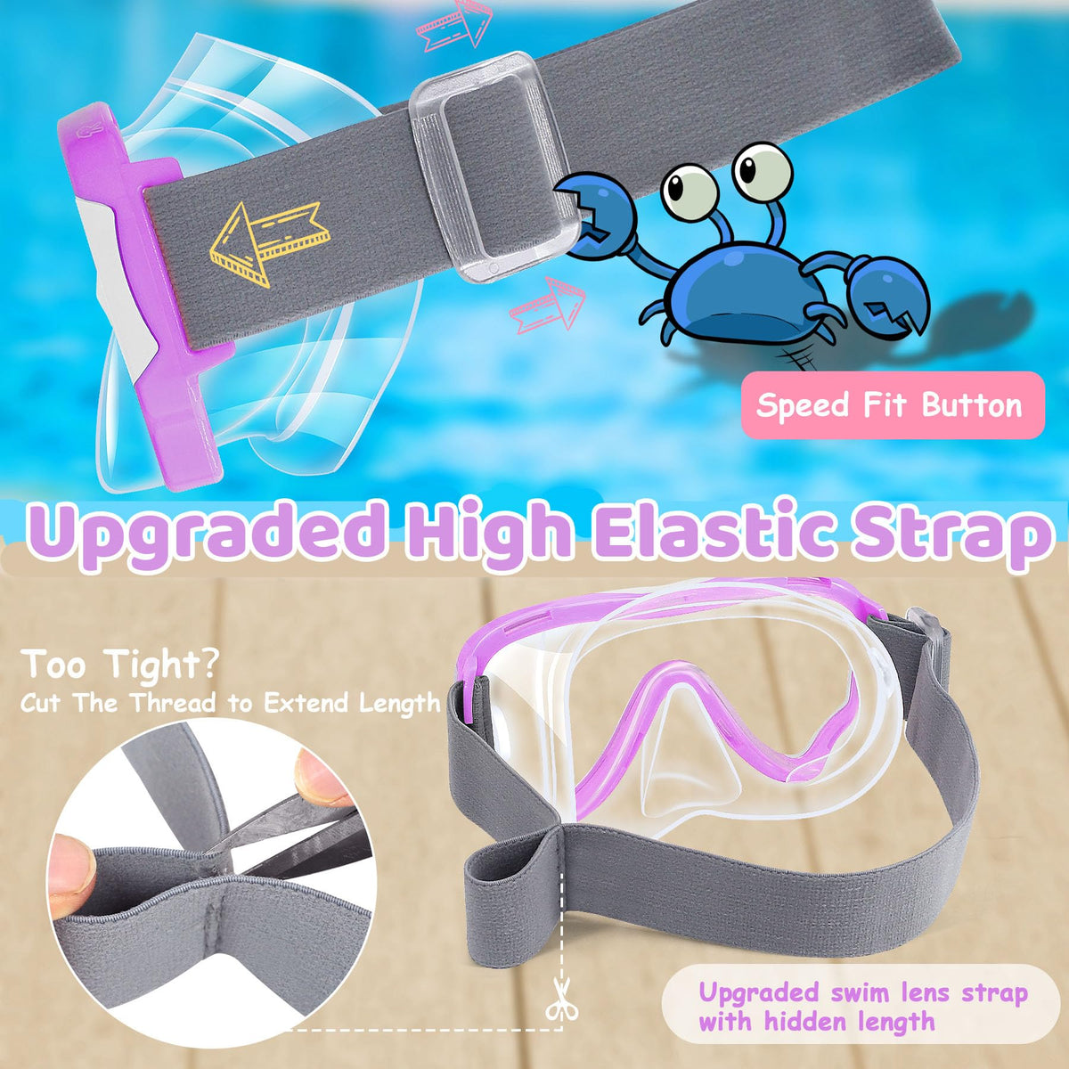 Vvinca Kids-Goggles with Nose Cover, Diving Mask Elastic Fabric Strap Anti Fog Anti Shattered Lens for Kids Swim Goggles 3-14