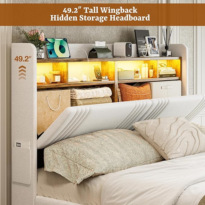 IKIFLY 49.2” Tall California King Bed Frames with 4 Storage Drawers, Upholstered Wingback Hidden Storage Headboard with LED Lights & Charging Station, No Box Spring Needed, Noise Free, White