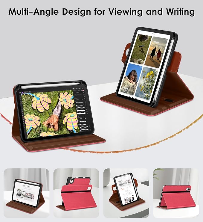 DTTO for iPad mini 7 A17 Pro 2024 aslo fit iPad mini 6 2021 Brown | 360 Degree Rotating Premium Faux Leather Folio Stand Cover with Pencil Holder Auto Sleep/Wake Multiple Angles Hand Strap