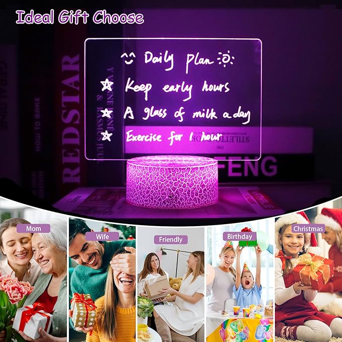 Acrylic Dry Erase Board with Light, 7 Colors Clear Desktop Note Memo Board with Remote & Timer, Dimmable 3D Touch Control Night Light, Creative Lighted Message Board for Study Work
