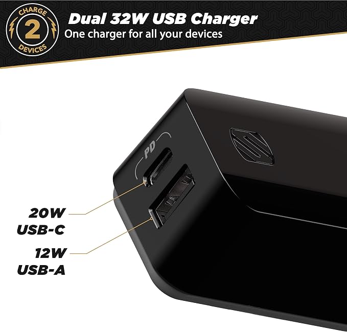 Scosche HPDCA32 PowerVolt 32W Certified Type-C + Type-A Fast Wall Charger Power Delivery 3.0 for ALL USB-C and USB-A Devices in Black
