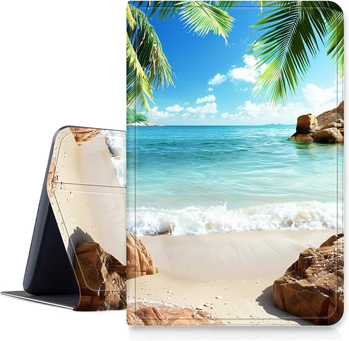 DIGTIALLL Case for Amazon Kindle Fire 7 Inch Tablet (9th/7th/5th Generation 2019/2017/2015 Release) PU Leather Smart Protective Cover with Auto Sleep/WakeBeach Palm Trees