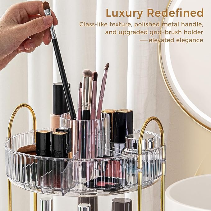 360° Rotating Makeup Organizer, Upgraded 2 Tier Skincare Perfume Organizers for Women, Bathroom Organizer Countertop, Clear Cosmetic Dresser Organizer with Makeup Brush Holder, Sink&Counte (Clear)