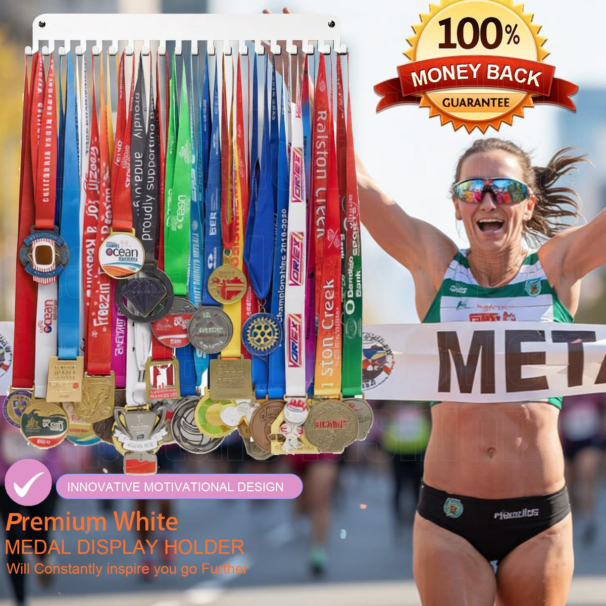 Lapetale Fashion White Medal Hanger Holder Display Rack,Race bib Medal Display with 20 Simple Hooks, Race Medal Display Holder,Hanger for Medals