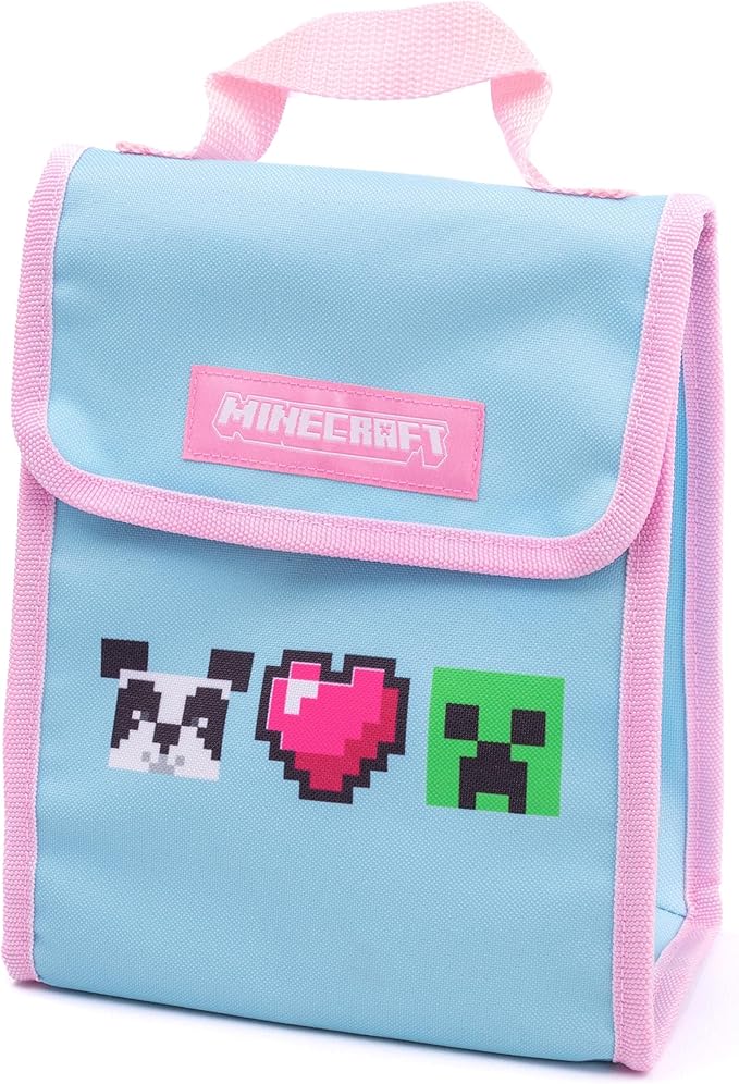 Minecraft Backpack and Lunch Box Set for Girls | Kids 4 Piece Creeper Panda Hearts Blue School Rucksack, Lunch Bag, Pencil Case, Water Bottle One Size