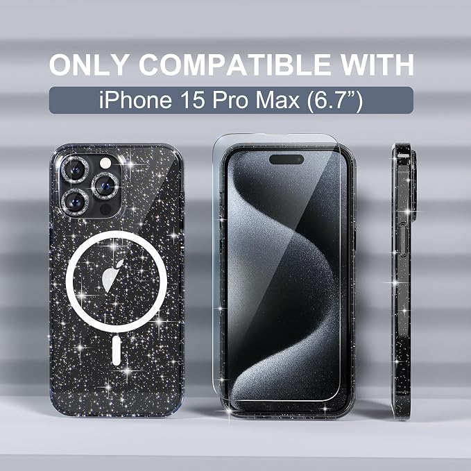 Choiche for iPhone 15 Pro Max Case Compatible with MagSafe Glitter Black | Women Girly Cute Glitter Sparkly Magnetic Phone Case with Diamond Camera Lens Protectors Military-Grade Drop Protection 6.7