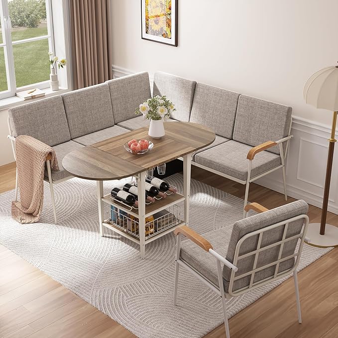 VFK 3 Piece Dining Table Set, 51 Inch Modern Kitchen Folding Breakfast Table with Right Seat Storage Corner Stools and Dining Chairs for Home Dining Room Furniture