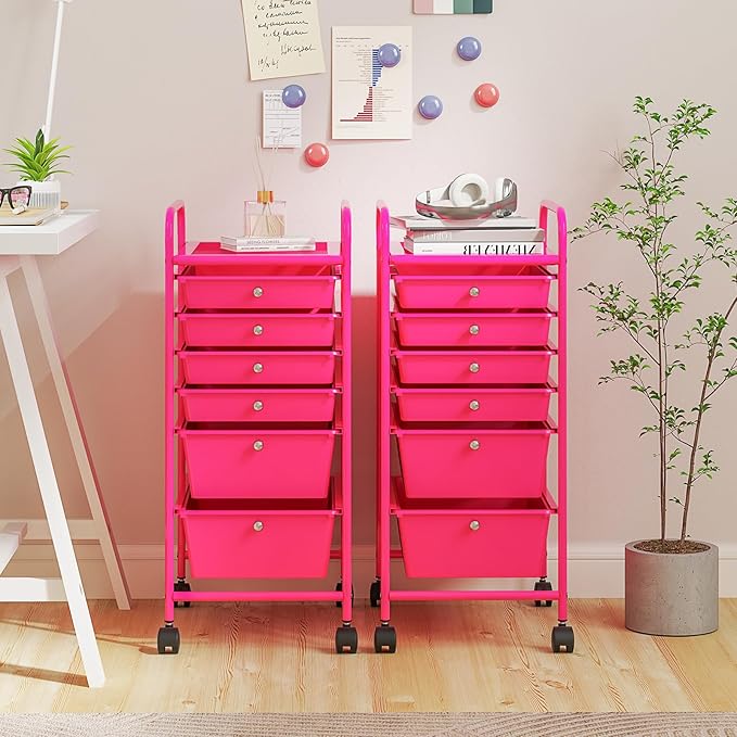 COSTWAY 6-Drawer Rolling Storage Cart, Multifunctional Art Craft Tools Organizer on Wheels, Heavy Duty Utility Mobile Storage Trolley w/ 2 Lockable Wheels for Home Office School, Hot Pink