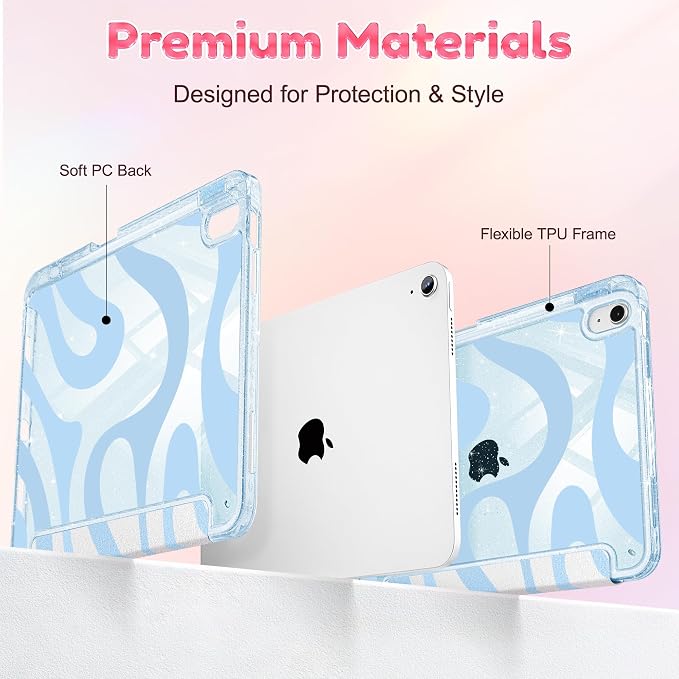 for iPad Air 11 inch M4/M3/M2 (2026/2025/2024) iPad Air 5th/4th Gen (2022/2020) 10.9 inch with Pencil Holder Glitter Clear Pretevtive Cover Auto Wake/Sleep Black Cartoon Stickers
